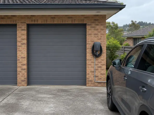 EV charger mounted on a brick garage wall beside a driveway in Allambie Heights