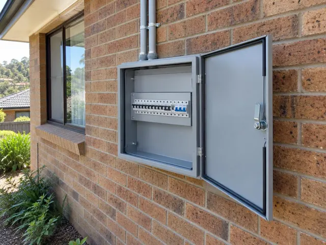 External switchboard cabinet on a brick house wall beside a window in Allambie Heights